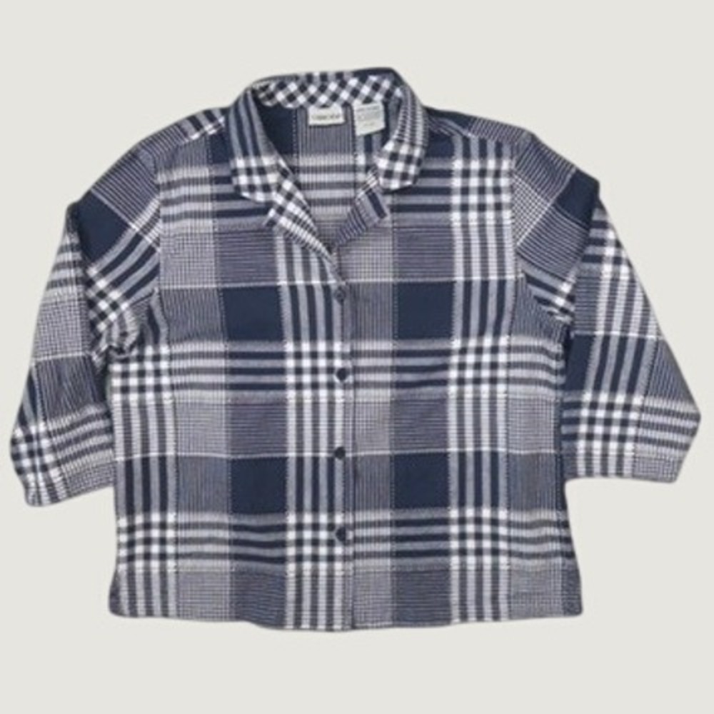 Cabin Creek Button Down Shirt Women L Blue White Patchwork Plaid 3/4 Sleeve